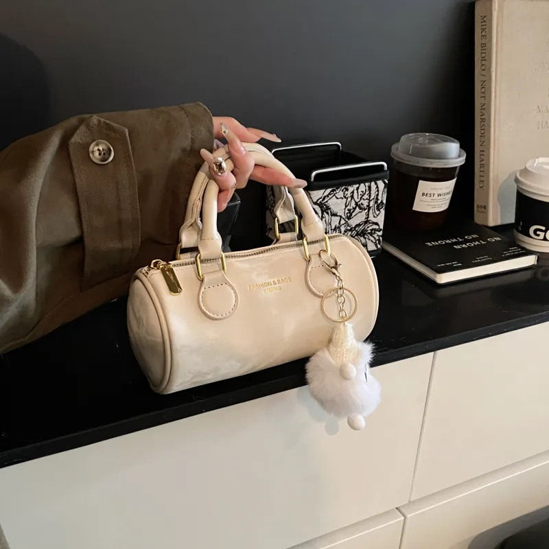 Three Ducklings PU Cylinder Bag, Crossbody Handbag Women's Black/Silver/Dark Brown/Pink/Ecru-9