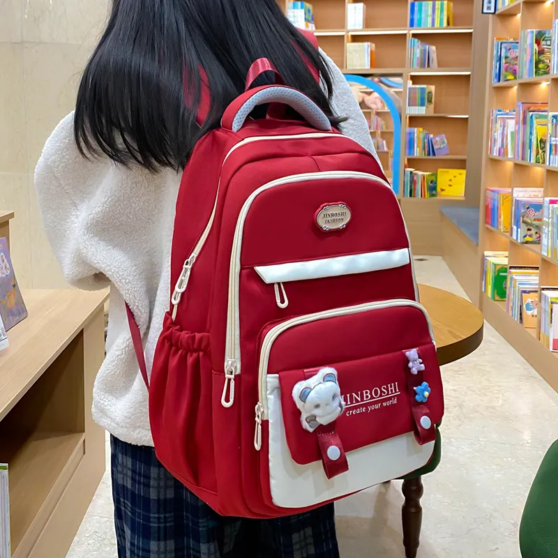 Three Ducklings Nylon Backpack Women's Black Red/Purple White/Blue-5