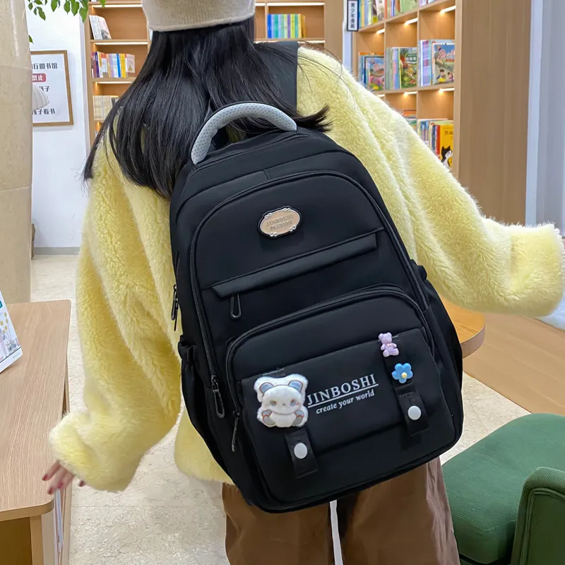 Three Ducklings Nylon Backpack Women's Black Red/Purple White/Blue-1