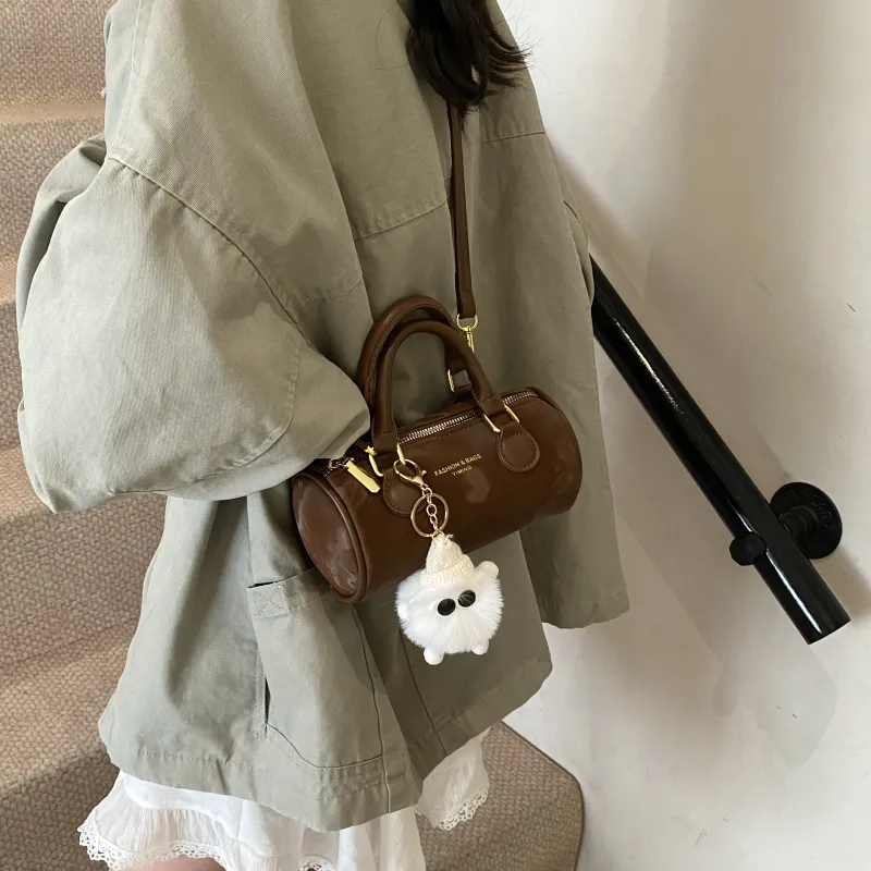Three Ducklings PU Cylinder Bag, Crossbody Handbag Women's Black/Silver/Dark Brown/Pink/Ecru-19