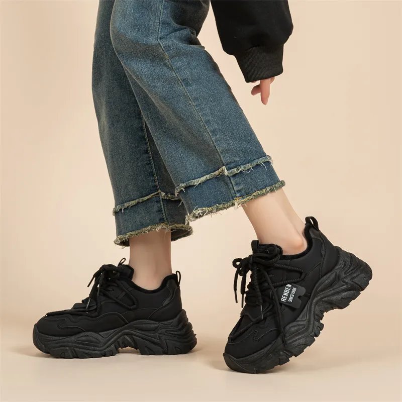 Humanism 1986 Abrasion Resistant Height Increasing Low Top Chunky Sneakers 5cm Women's Black-7