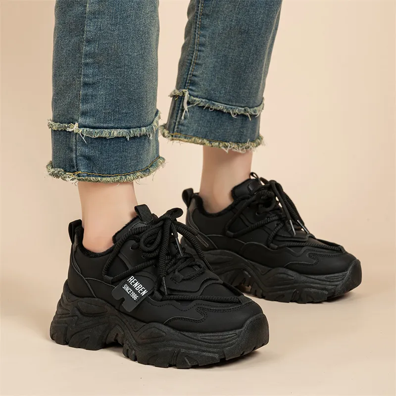 Humanism 1986 Abrasion Resistant Height Increasing Low Top Chunky Sneakers 5cm Women's Black-8
