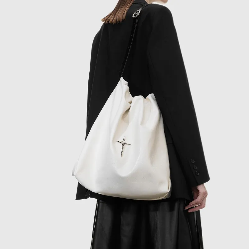 UNIFINE Top Grain Cow Leather Trash Bag Tote Shoulder Bag Regular Women's Diamond Black/Ecru-5