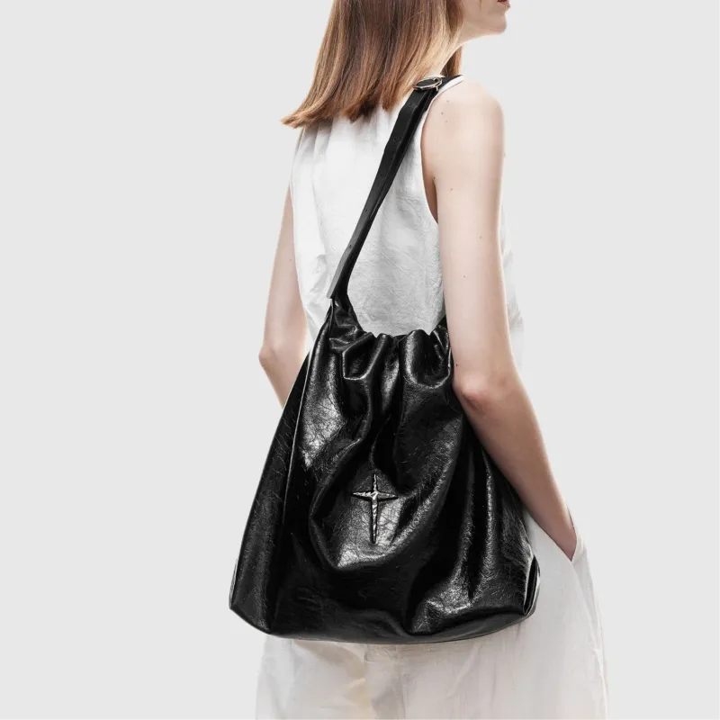 UNIFINE Top Grain Cow Leather Trash Bag Tote Shoulder Bag Regular Women's Diamond Black/Ecru-2