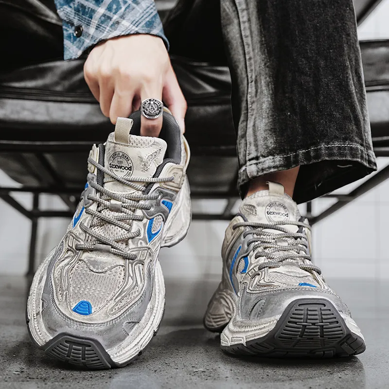 TEXWOOD Cushioning Anti Slip Wear Resistant Breathable Height Increasing Low Top Chunky Sneakers Men's Gray Blue-5