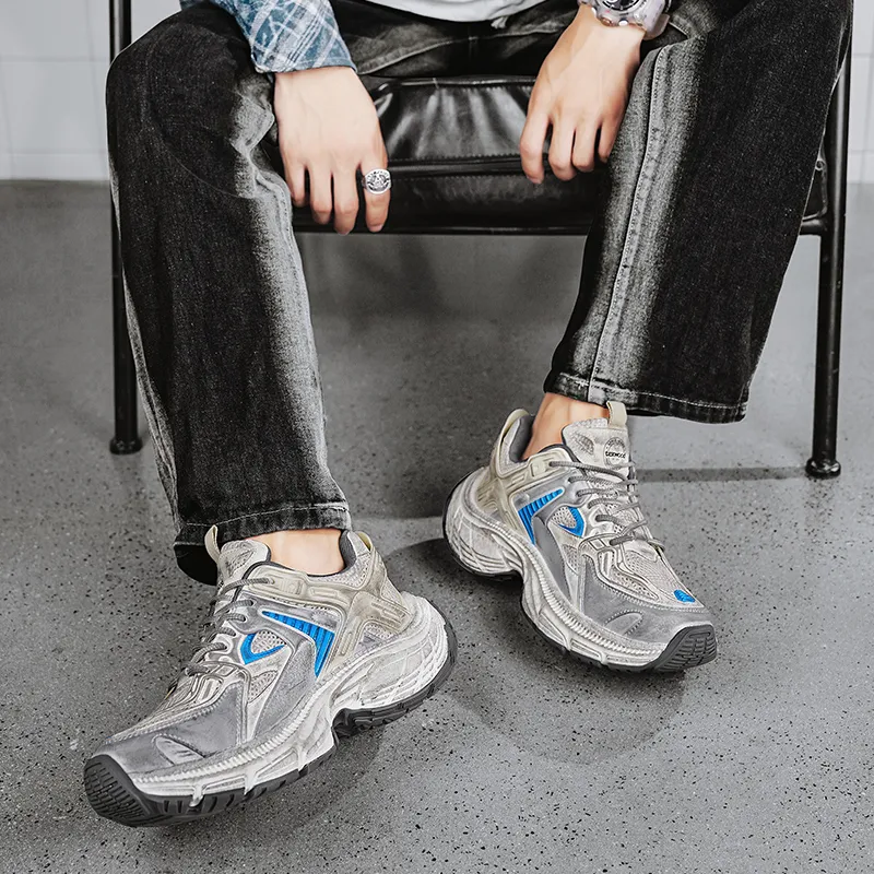 TEXWOOD Cushioning Anti Slip Wear Resistant Breathable Height Increasing Low Top Chunky Sneakers Men's Gray Blue-4