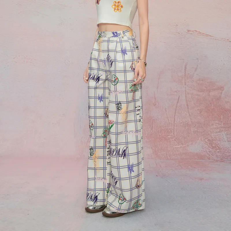 SEENFAAN Casual Pants Women's White Graffiti-3
