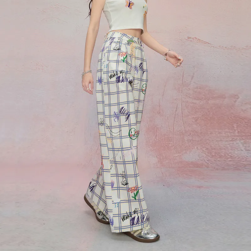SEENFAAN Casual Pants Women's White Graffiti-2