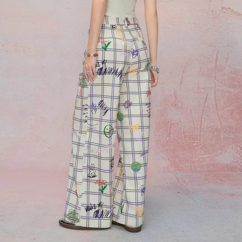 SEENFAAN Casual Pants Women's White Graffiti-4