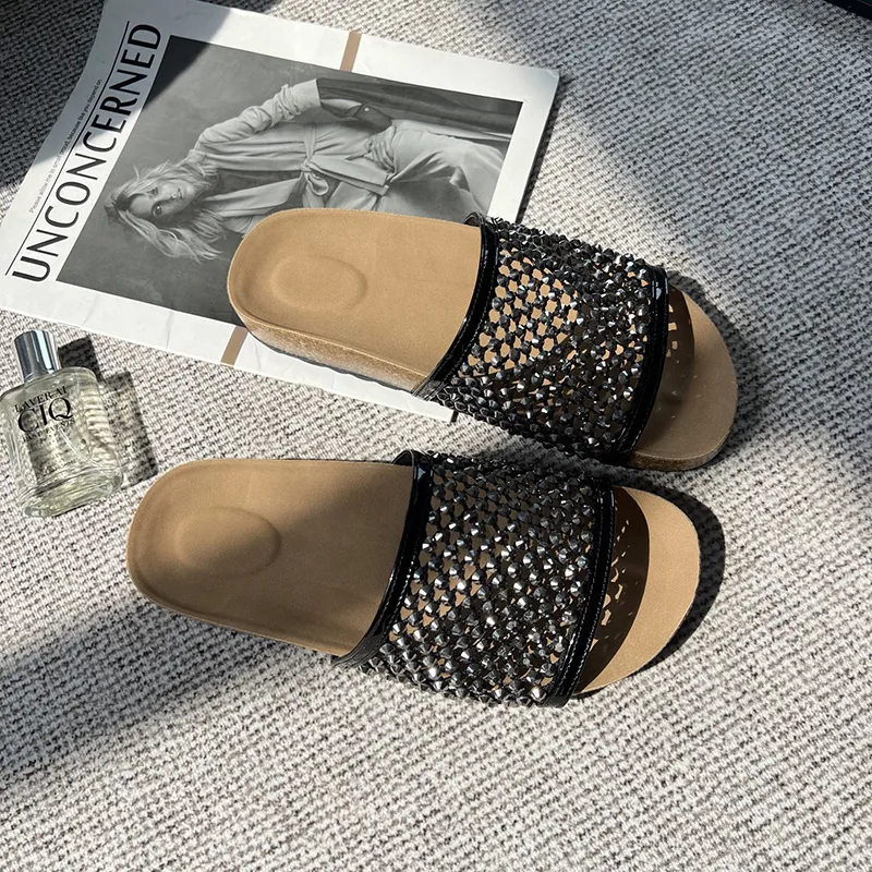 O.L Rubber Sole Rhinestone Slip Resistant Abrasion Resistant Slide Slippers Women's-5