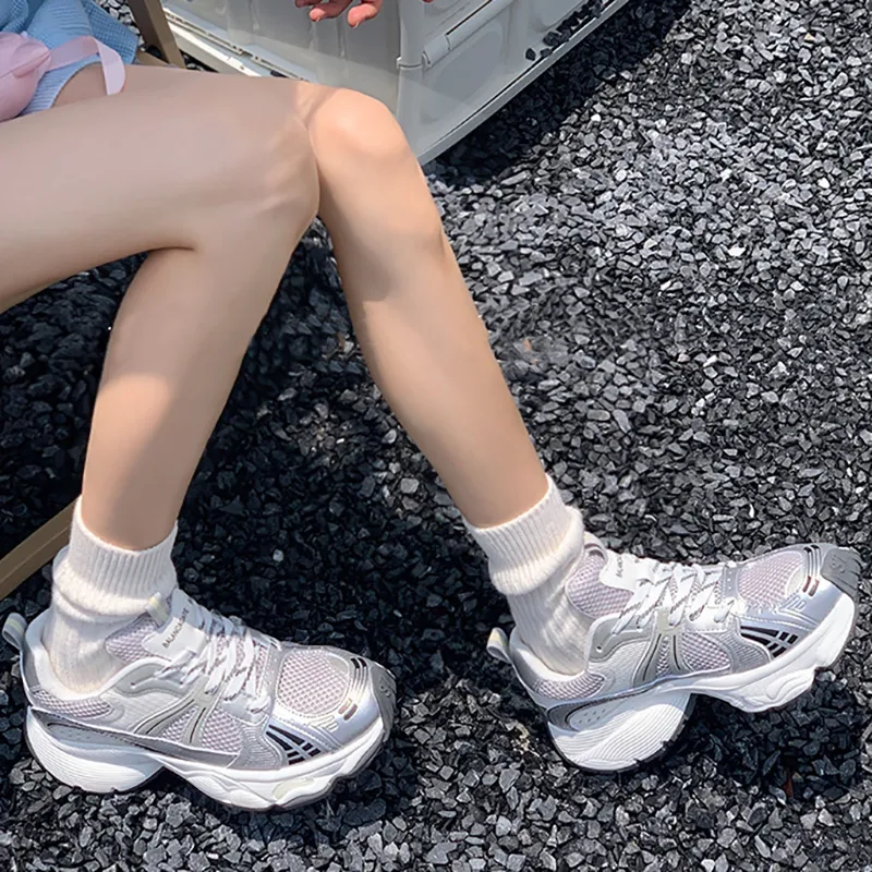 O.L Anti Slip Wear Resistant Breathable Height Increasing Low Top Chunky Sneakers Women's Silver-4
