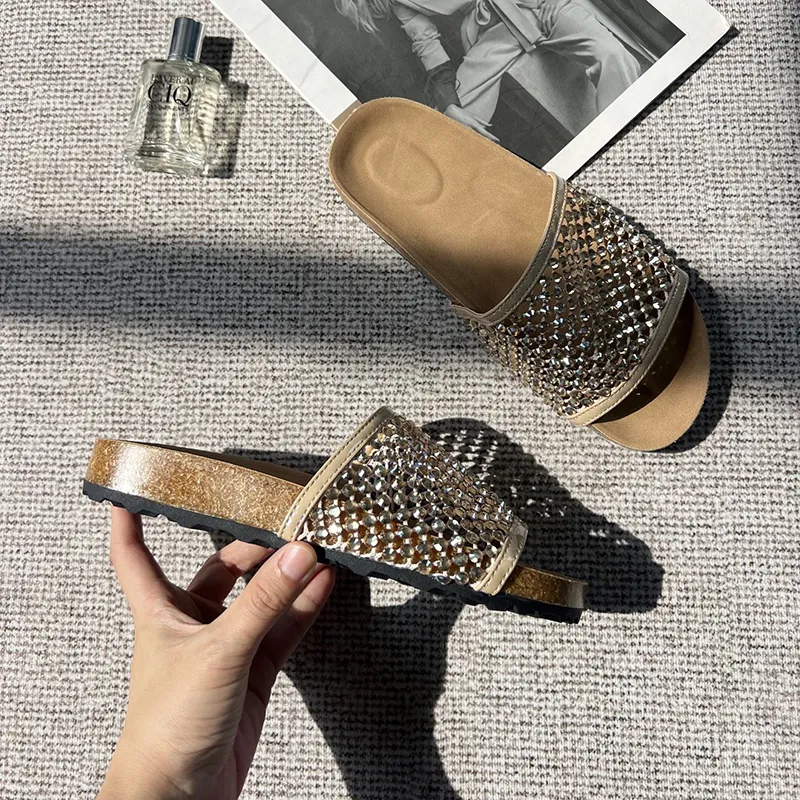 O.L Rubber Sole Rhinestone Slip Resistant Abrasion Resistant Slide Slippers Women's-1
