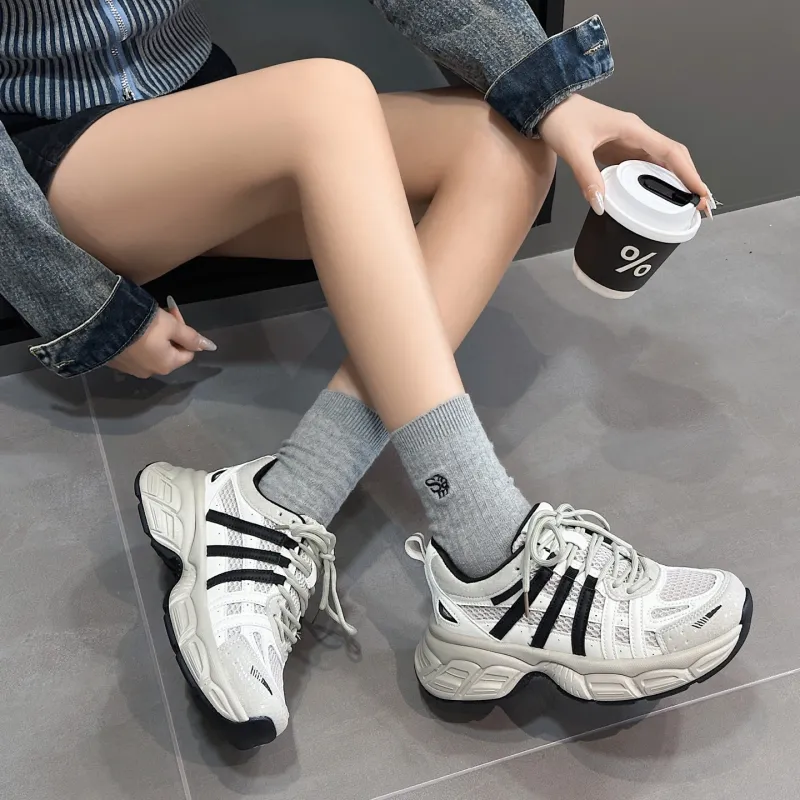 O.L Anti Slip Wear Resistant Breathable Height Increasing Low Top Chunky Sneakers Women's-2