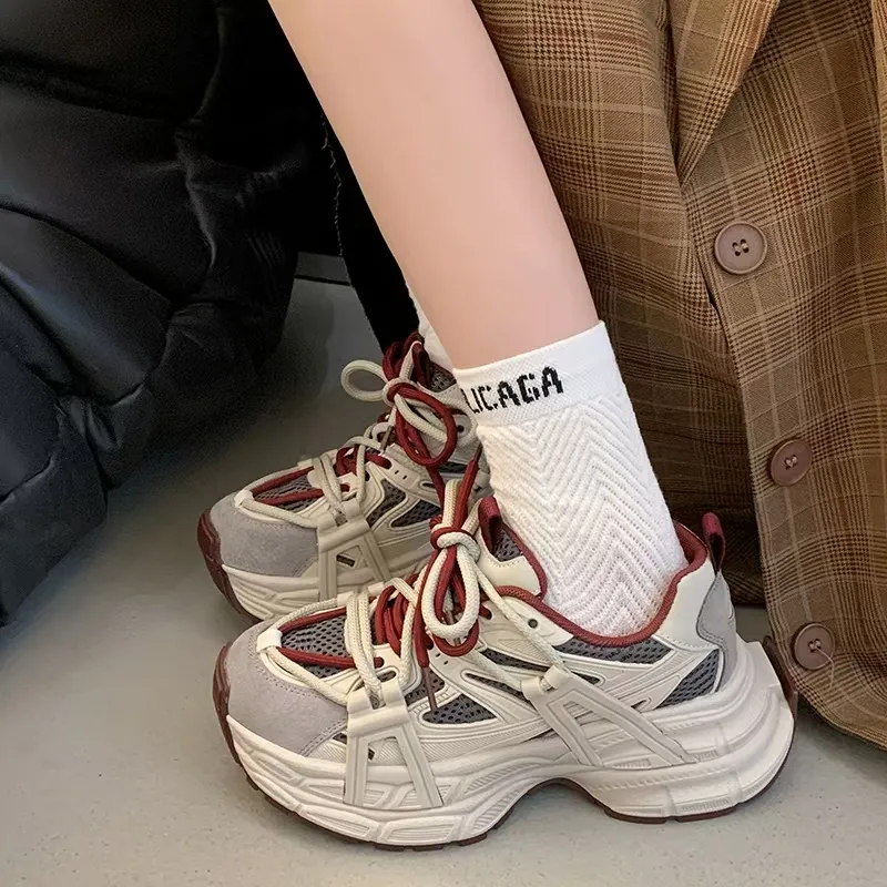 O.L Anti Slip Wear Resistant Breathable Height Increasing Low Top Chunky Sneakers Women's-3