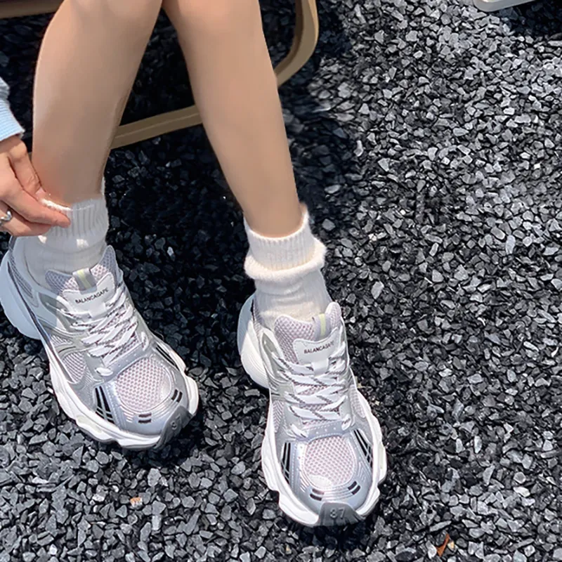 O.L Anti Slip Wear Resistant Breathable Height Increasing Low Top Chunky Sneakers Women's Silver-3