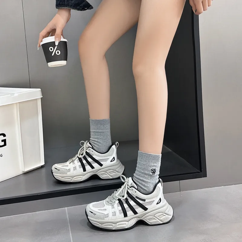 O.L Anti Slip Wear Resistant Breathable Height Increasing Low Top Chunky Sneakers Women's-4