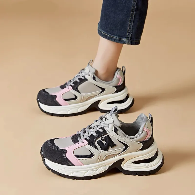 O.L Anti Slip Wear Resistant Breathable Height Increasing Low Top Chunky Sneakers Women's-1