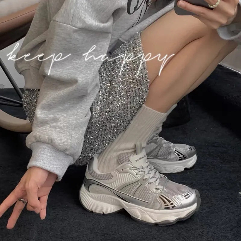 O.L Anti Slip Wear Resistant Breathable Height Increasing Low Top Chunky Sneakers Women's Silver-1