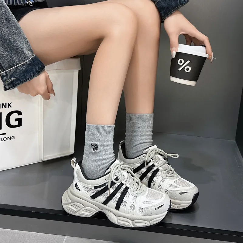 O.L Anti Slip Wear Resistant Breathable Height Increasing Low Top Chunky Sneakers Women's-1