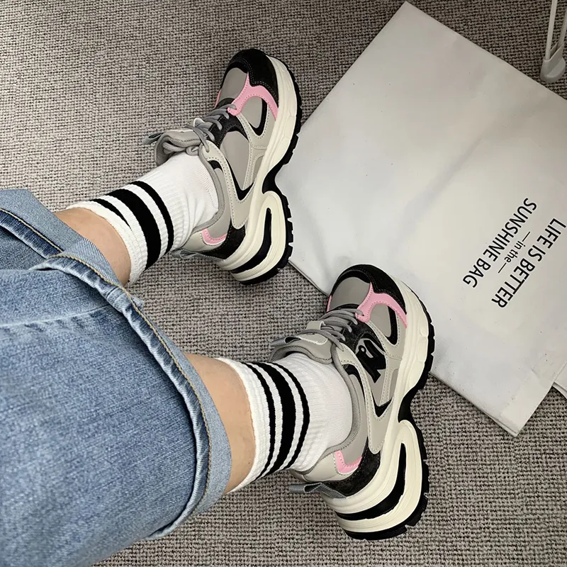 O.L Anti Slip Wear Resistant Breathable Height Increasing Low Top Chunky Sneakers Women's-4