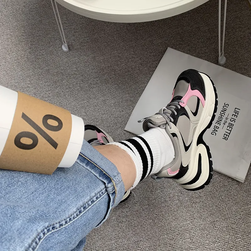 O.L Anti Slip Wear Resistant Breathable Height Increasing Low Top Chunky Sneakers Women's-5