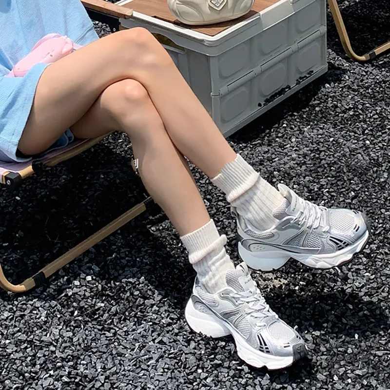 O.L Anti Slip Wear Resistant Breathable Height Increasing Low Top Chunky Sneakers Women's Silver-2