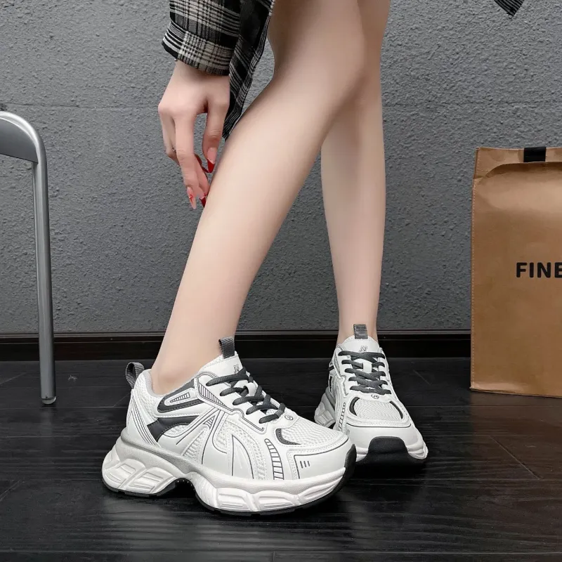O.L Anti Slip Wear Resistant Breathable Height Increasing Low Top Chunky Sneakers Women's-2