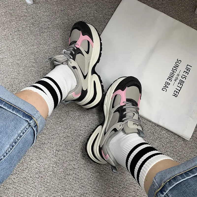 O.L Anti Slip Wear Resistant Breathable Height Increasing Low Top Chunky Sneakers Women's-3