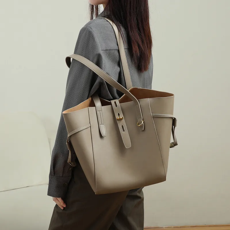 PT'SON Cow Leather With Synthetic Leather Tote Bag, Shoulder Bag, Handbag Women's Elderberry Brown/Khaki-8