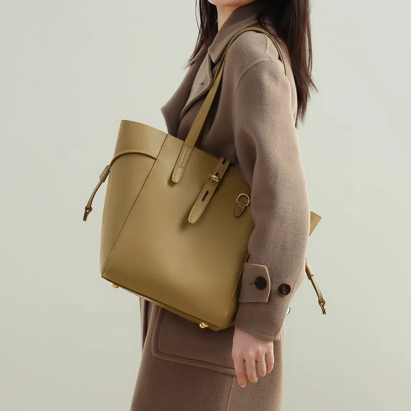 PT'SON Cow Leather With Synthetic Leather Tote Bag, Shoulder Bag, Handbag Women's Elderberry Brown/Khaki-2