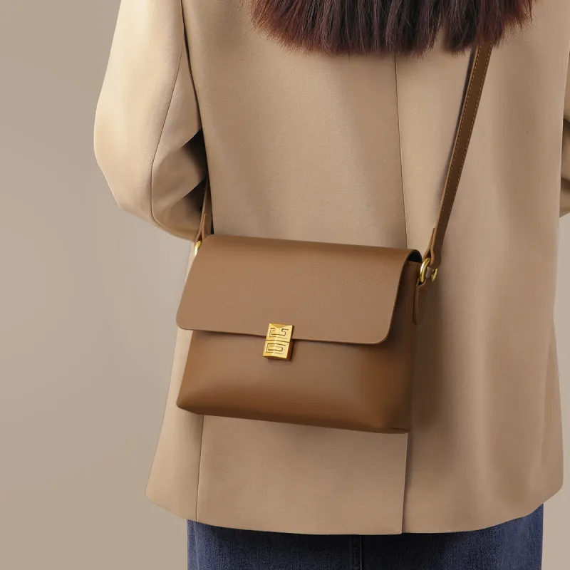 PT'SON Cow Leather Shoulder Bag, Crossbody Bag Medium Size Women's Gold Brown/Beige Coffee/Coffee-10