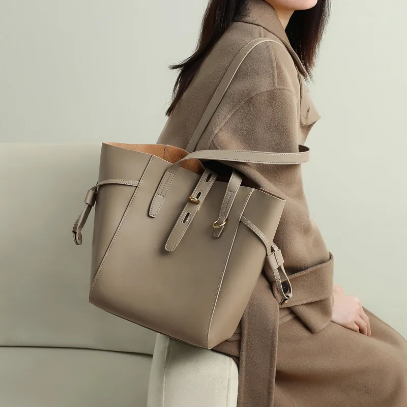 PT'SON Cow Leather With Synthetic Leather Tote Bag, Shoulder Bag, Handbag Women's Elderberry Brown/Khaki-7