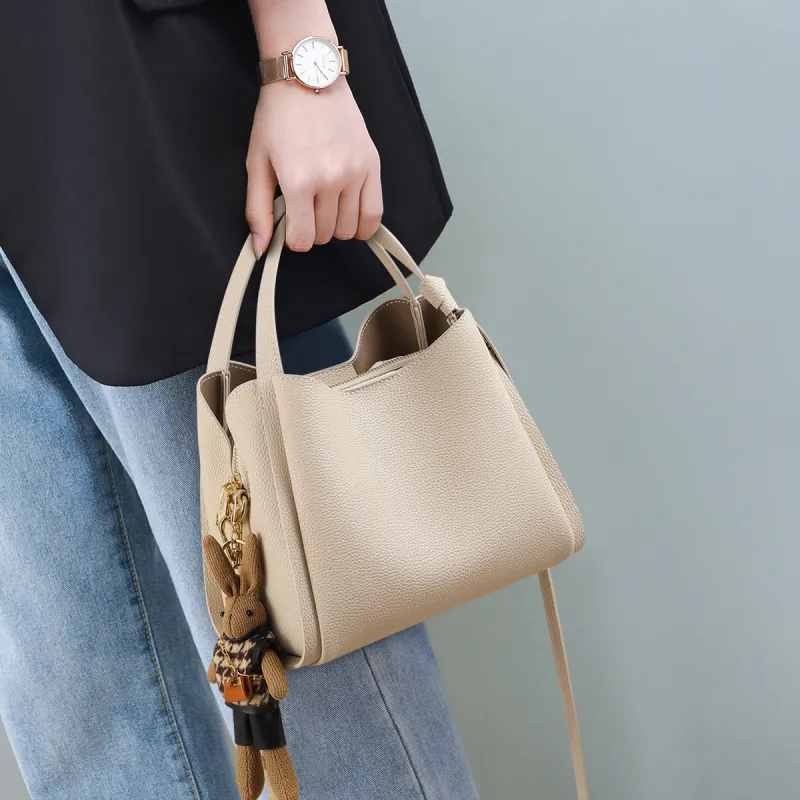 PT'SON Cow Leather Basket Bag, Bucket Bag, Handbag, Crossbody Bag, Shoulder Bag Regular Women's Elephant Gray/Ecru-7