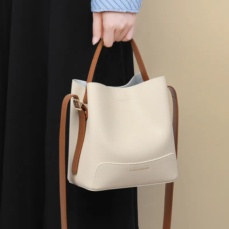 PT'SON Cow Leather With Synthetic Leather Bucket Bag, One Shoulder Handbag Regular Women's Ecru-4