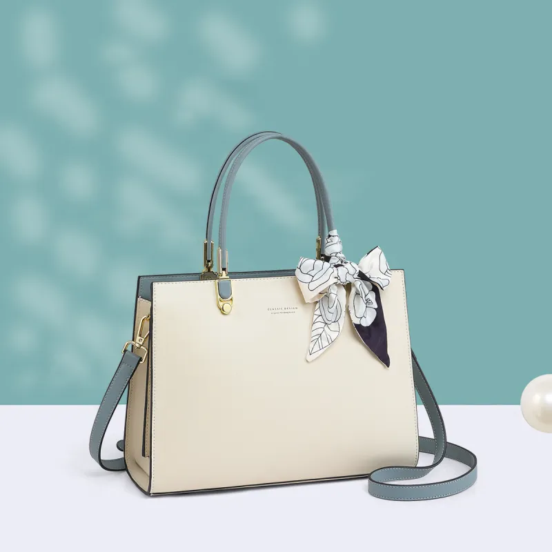 PT'SON Cow Leather With Synthetic Leather Shoulder Bag, Crossbody Bag, Handbag Large Size Women's Ecru-2