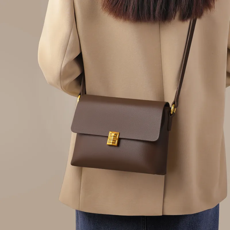 PT'SON Cow Leather Shoulder Bag, Crossbody Bag Medium Size Women's Gold Brown/Beige Coffee/Coffee-16