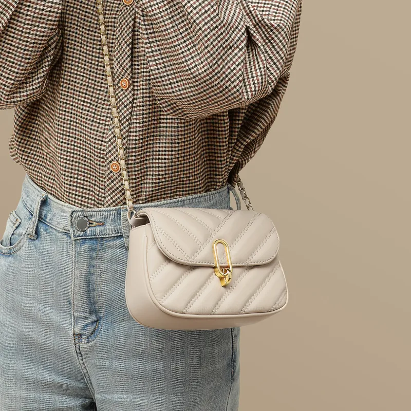 PT'SON Synthetic Leather Small Square Bag, Chain Bag, Shoulder Bag, Crossbody Bag Small Size Women's Ecru-3