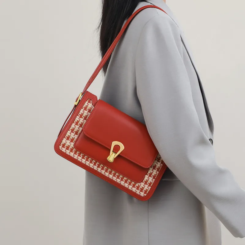PT'SON Cow Leather, Synthetic Leather Fabric Small Square Bag Underarm Shoulder Bag Regular Women's Cherry Red-1