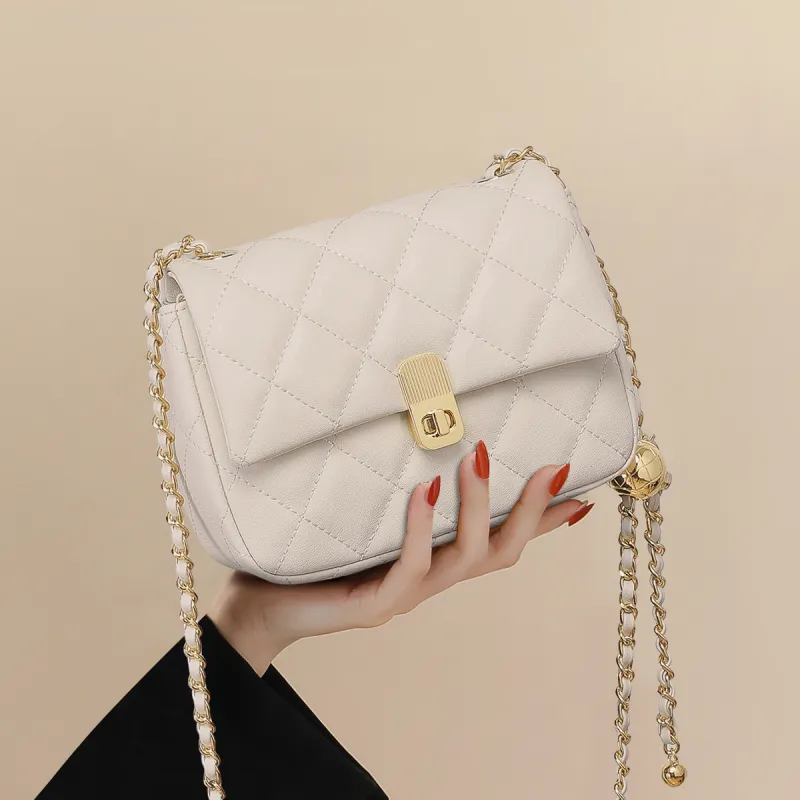 PT'SON Cow Leather Small Square Bag, Chain Bag, Diamond Pattern, Shoulder Bag Women's Black-2