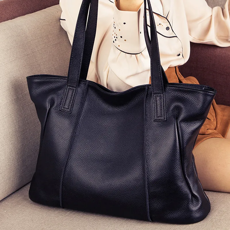 PT'SON Cow Leather With Synthetic Leather Tote Handbag, Shoulder Bag, Mom Bag Tubas Women's Black-2
