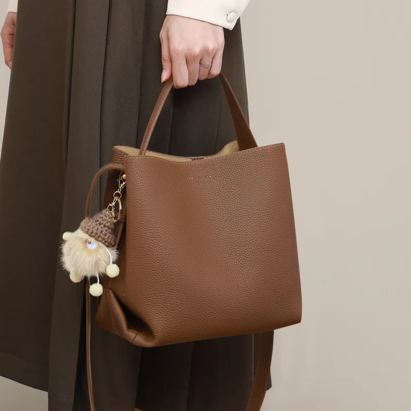 PT'SON Cow Leather, Synthetic Leather Bucket Bag Handbag Regular Women's Vanilla/Cool Tea Brown/Hot Cocoa-13
