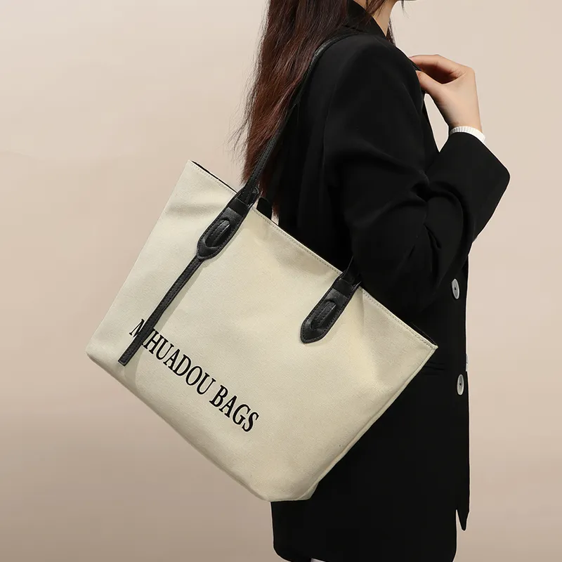 PT'SON Canvas Commute Bag, Tote Bag, Shopping Bag, Portable Underarm Shoulder Bag Tubas Women's White & Black-1