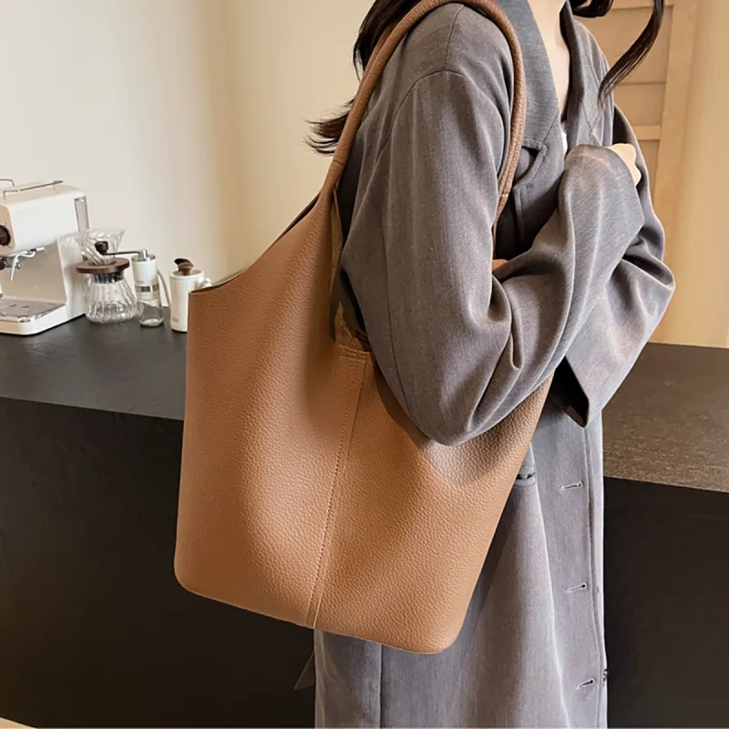 PT'SON Synthetic Leather Shoulder Bag, Bucket Bag, Shoulder Bag Women's Black/Brown-8