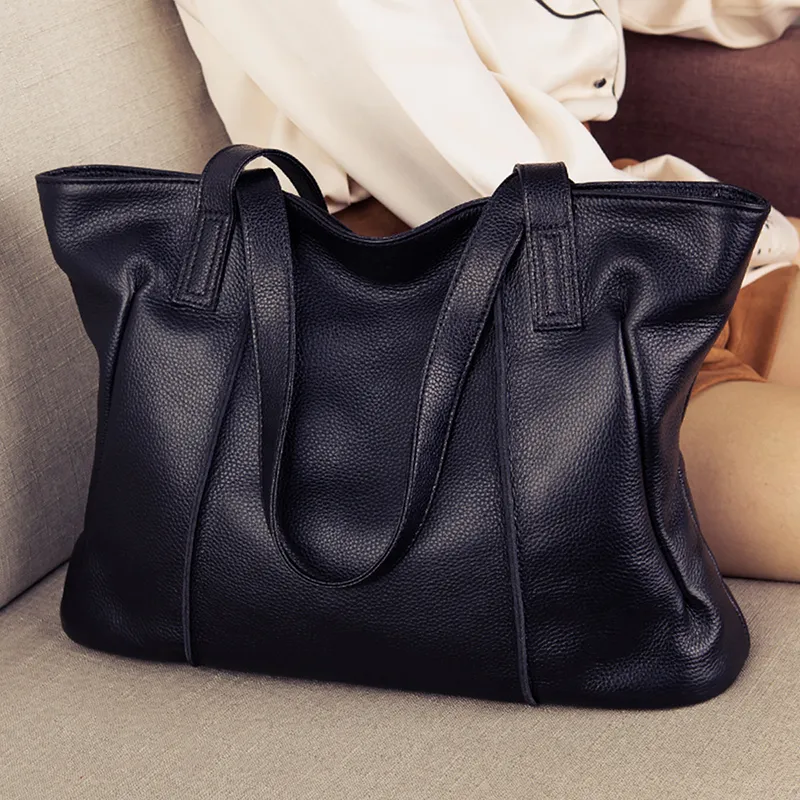 PT'SON Cow Leather With Synthetic Leather Tote Handbag, Shoulder Bag, Mom Bag Tubas Women's Black-1