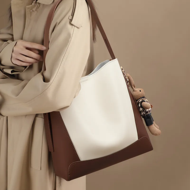 PT'SON Cow Leather With Synthetic Leather Shoulder Bag Women's Ecru Coffee-1