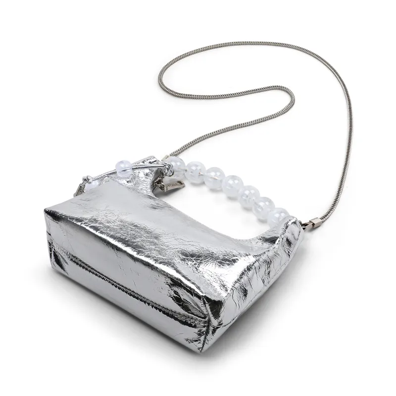 PT'SON Cow Leather Shoulder Bag Crossbody Bag Handbag Chain Bag Regular Women's Silver-7