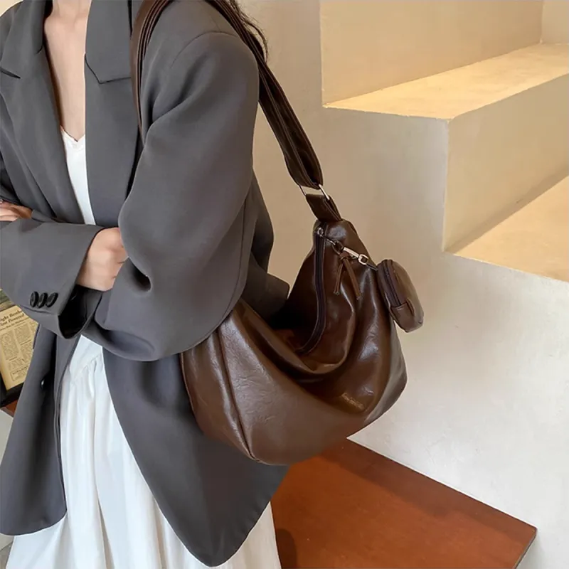 PT'SON Synthetic Leather Dumpling Bag, Underarm Shoulder Bag, Crossbody Bag Regular Women's Brown/Black-2