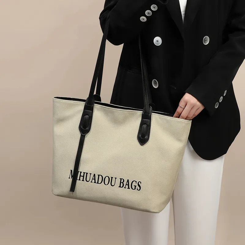 PT'SON Canvas Commute Bag, Tote Bag, Shopping Bag, Portable Underarm Shoulder Bag Tubas Women's White & Black-2