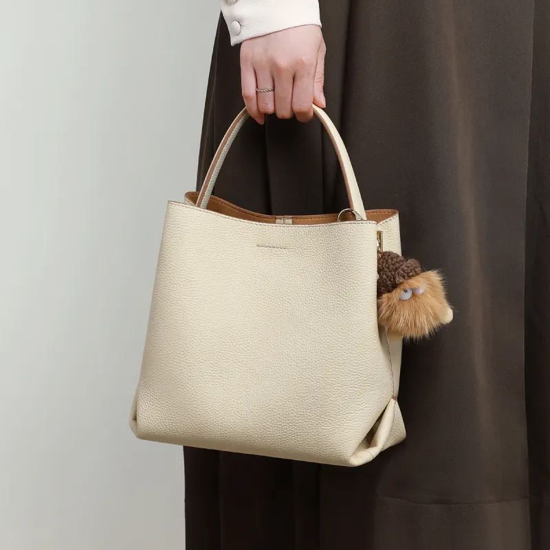 PT'SON Cow Leather, Synthetic Leather Bucket Bag Handbag Regular Women's Vanilla/Cool Tea Brown/Hot Cocoa-4