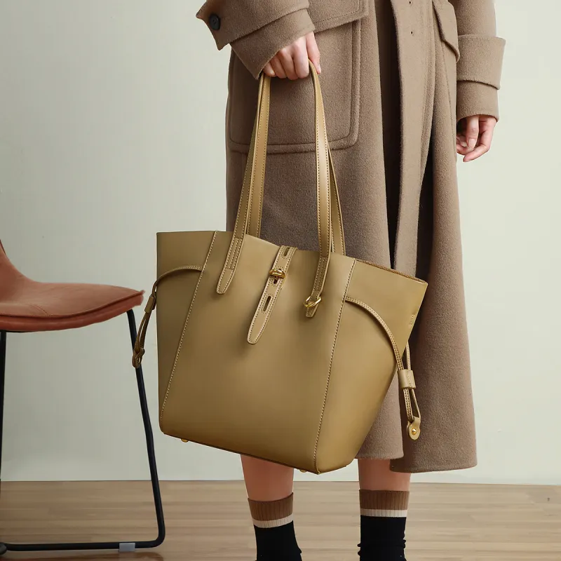 PT'SON Cow Leather With Synthetic Leather Tote Bag, Shoulder Bag, Handbag Women's Elderberry Brown/Khaki-4